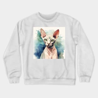 Watercolor Sphynx Cat Design on Cool Blues and Greens Crewneck Sweatshirt